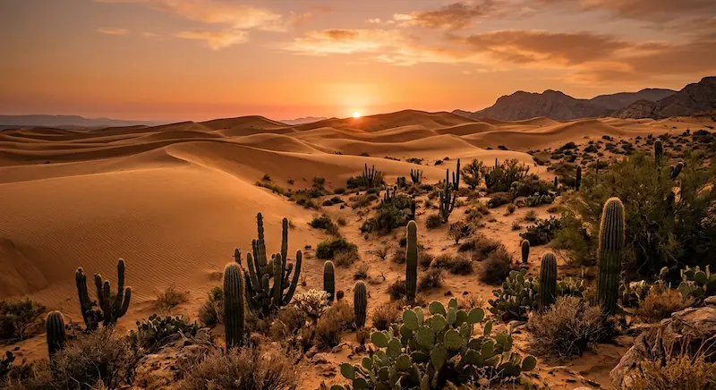 Paisaje desértico con dunas de arena y vegetación adaptada a la aridez