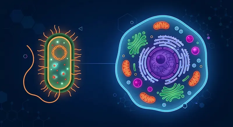 Comparación visual entre una célula procariota simple y una célula eucariota con núcleo y orgánulos