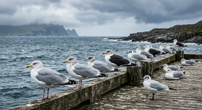 Diferentes especies de gaviotas posadas en un muelle de la costa