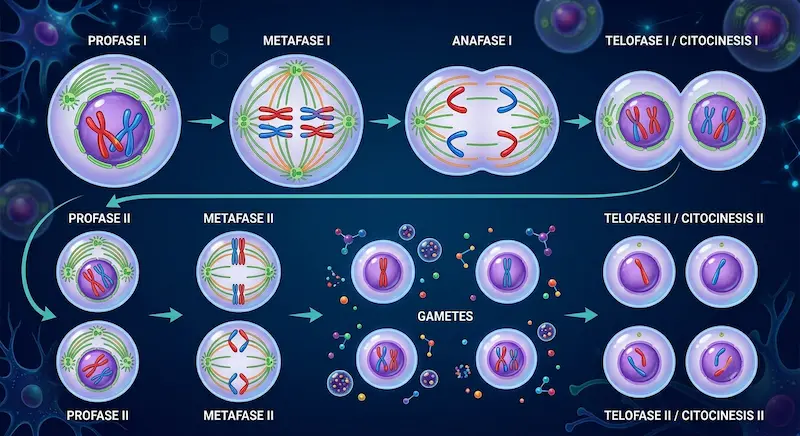 Secuencia ilustrada de las fases de la meiosis mostrando la separación de los cromosomas