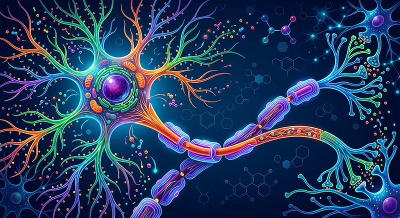 Ilustración de una neurona mostrando sus partes principales, dendritas, cuerpo celular, axón y vaina de mielina