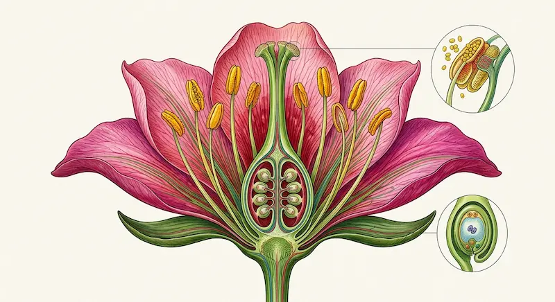 Ilustración de una flor en corte transversal mostrando sus partes reproductivas y estructurales