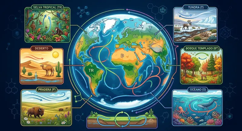 Mapa ilustrado de los principales biomas terrestres del planeta con sus características visuales diferenciadas
