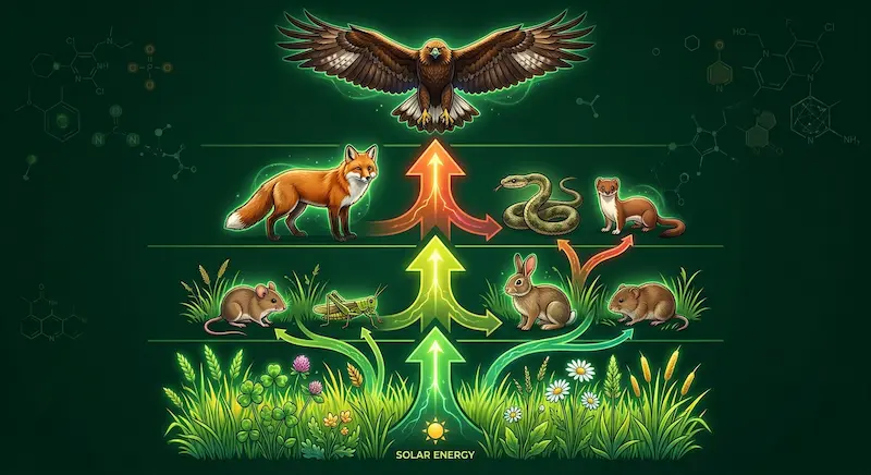 Ilustración de una cadena trófica mostrando los niveles desde productores hasta depredador apex en un ecosistema de pradera