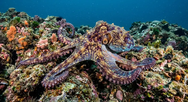 Pulpo sobre el fondo marino mostrando su capacidad de camuflaje y sus ocho tentáculos con ventosas