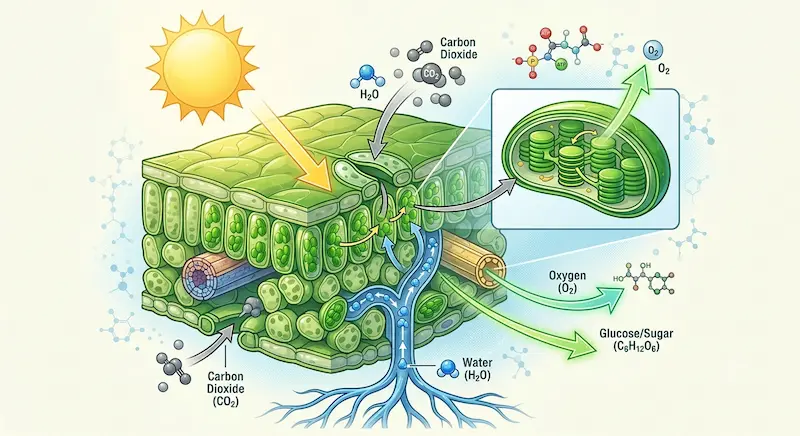 Ilustración del proceso de fotosíntesis en una hoja verde mostrando la entrada de luz solar, agua y dióxido de carbono