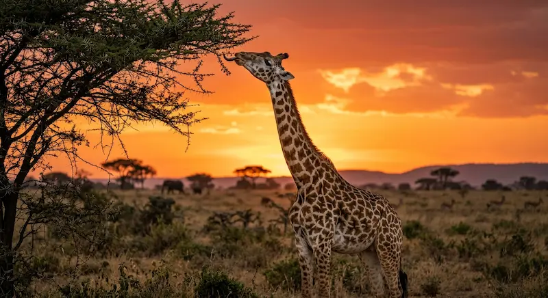 Jirafa comiendo hojas de acacia en la sabana africana al atardecer