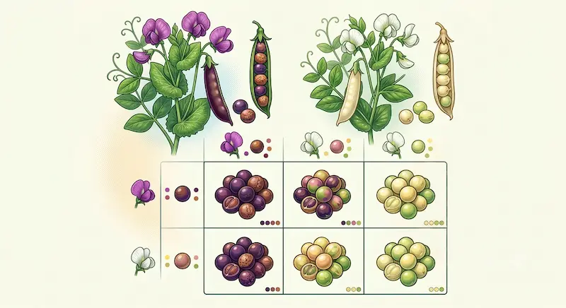 Ilustración de un cuadro de Punnett mostrando la herencia de caracteres dominantes y recesivos según las leyes de Mendel