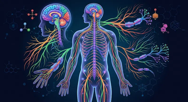 Ilustración del sistema nervioso humano mostrando el cerebro la médula espinal y los nervios periféricos