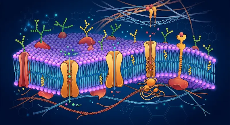 Ilustración de la estructura de la membrana plasmática mostrando la doble capa de fosfolípidos y las proteínas integrales y periféricas