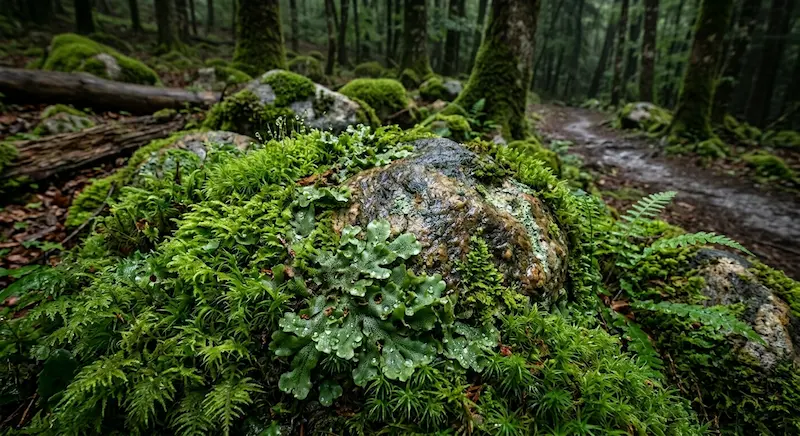 Musgos y hepáticas cubriendo rocas húmedas en un bosque sombreado