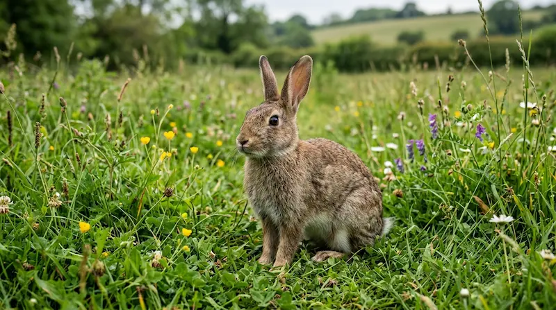 Conejo silvestre europeo en un prado con las orejas erguidas en posición alerta